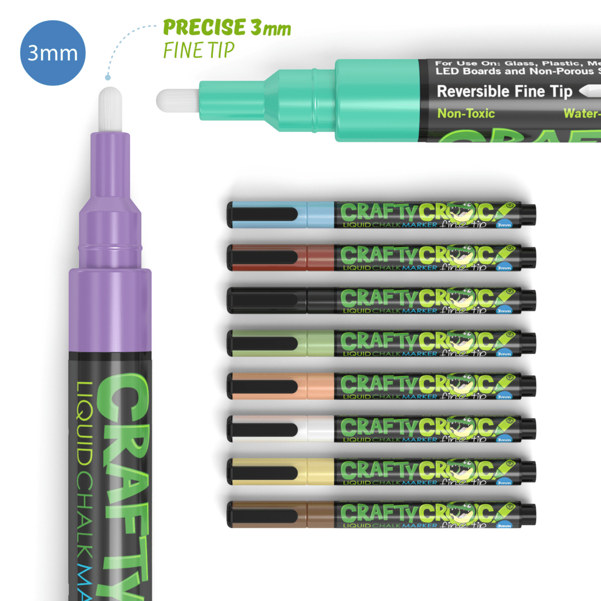Crafty Croc Fine Tip Chalk Markers (Precise 3mm Tip, 10 Earth Tone Colors) Erasable Dustless Liquid Chalk Ink Pens, Waterbased, Nontoxic